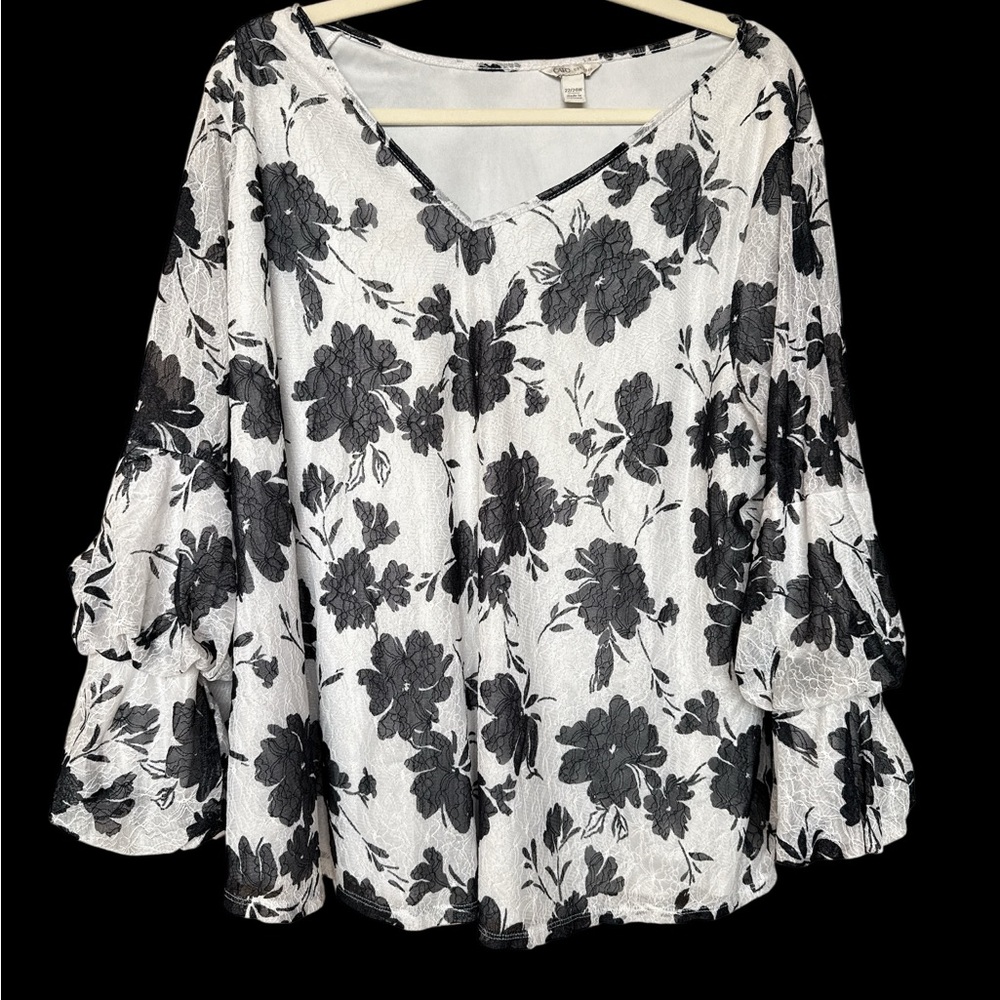 Cato Black and White Floral Long Sleeve Boho Blouse